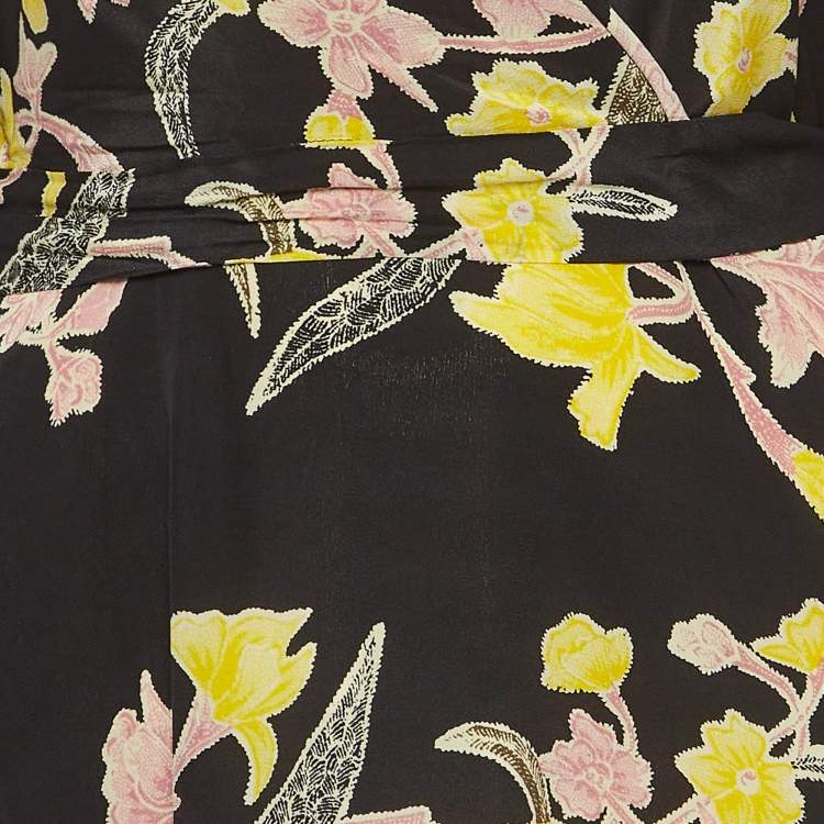 مملوكة مسبقًا Diane Von Furstenberg Black Floral Print Silk Maxi Wrap Dress M