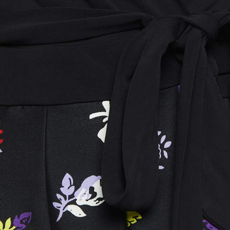 Pre Owned Diane Von Furstenberg Black Floral Printed Wool and Silk Wrap Dress S