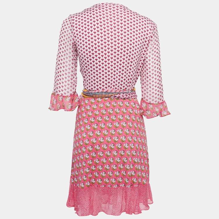 مملوكة مسبقًا Diane Von Furstenberg Pink Floral Print Silk Jersey Wrap Dress L
