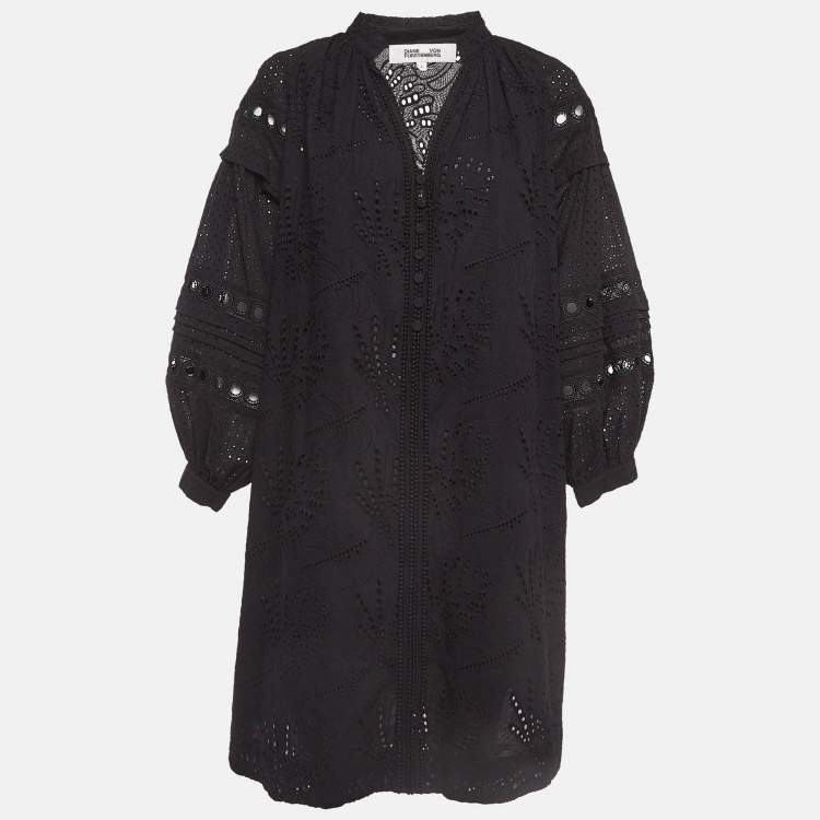 Pre Owned Diane Von Furstenberg Black Nicolette Broderie Anglaise Cotton Mini Dress L