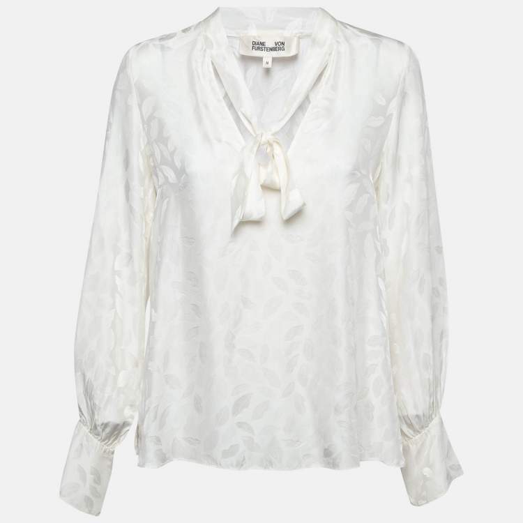 Pre Owned Diane Von Furstenberg White Textured Satin Blouse M