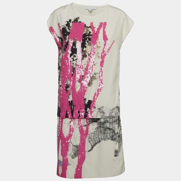 Pre Owned Diane Von Furstenberg White/Pink Sequin and Silk Tara Dress S