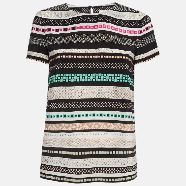Pre Owned Diane Von Furstenberg Multicolor Print and Studded Silk Top XS