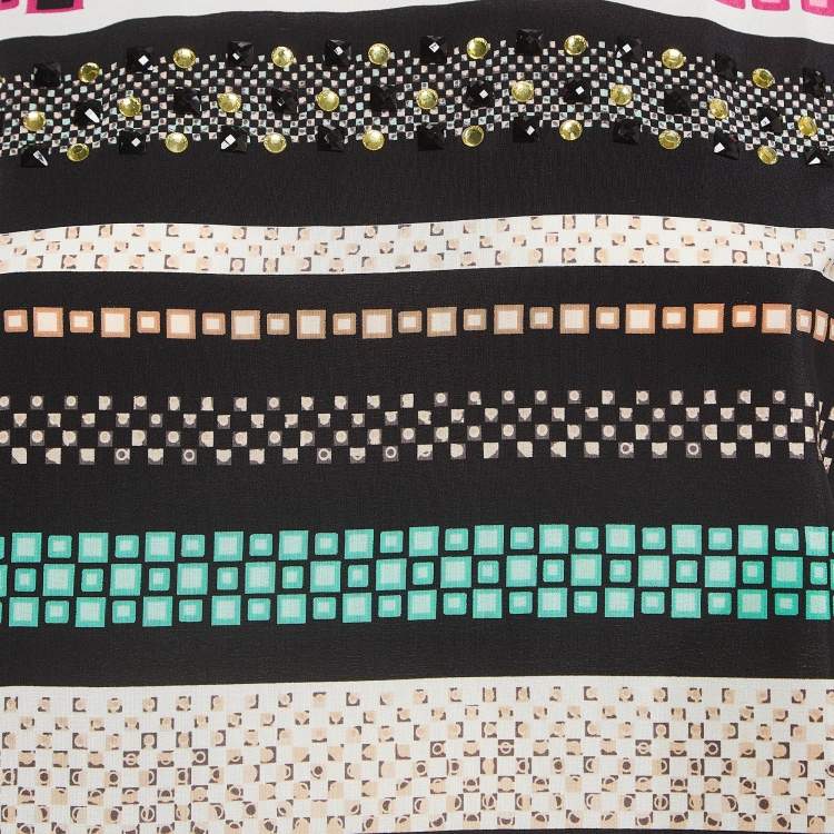Pre Owned Diane Von Furstenberg Multicolor Print and Studded Silk Top XS