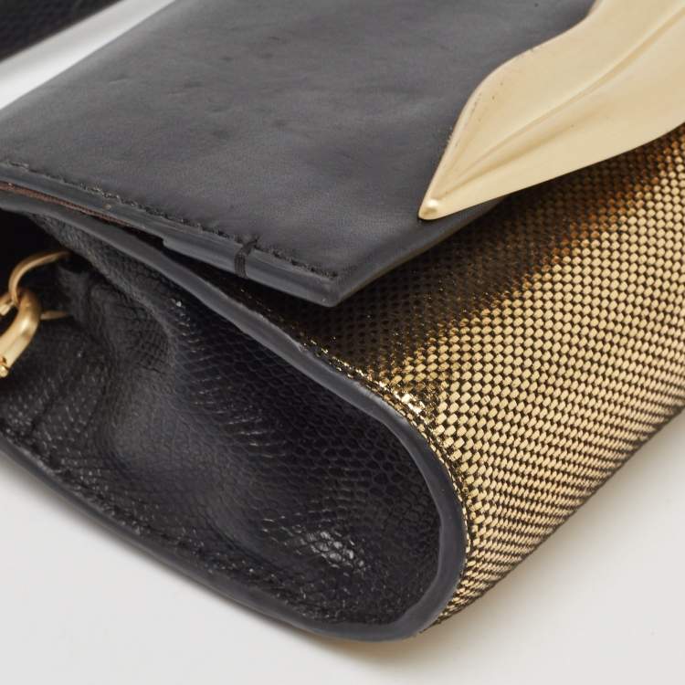 Pre Owned Diane Von Furstenberg Black/Gold Lizard Embossed and Leather Carolina Lips Clutch Bag