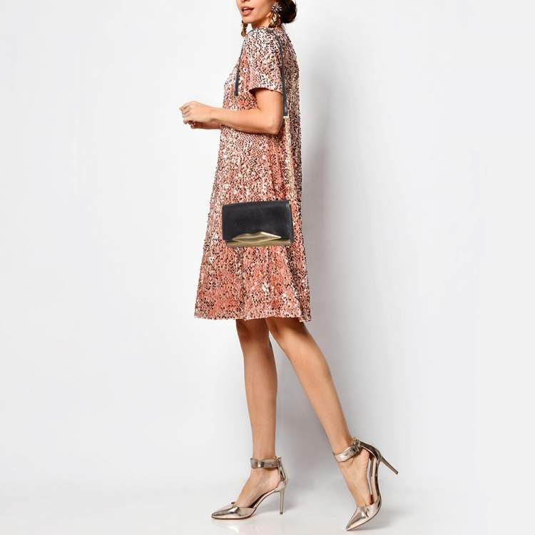 Pre Owned Diane Von Furstenberg Black/Gold Lizard Embossed and Leather Carolina Lips Clutch Bag