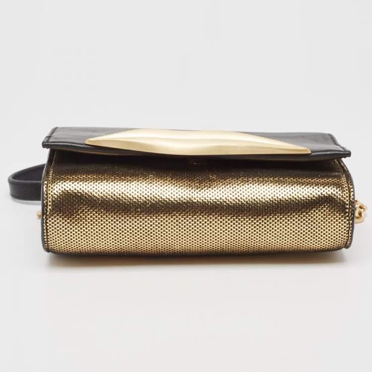 Pre Owned Diane Von Furstenberg Black/Gold Lizard Embossed and Leather Carolina Lips Clutch Bag
