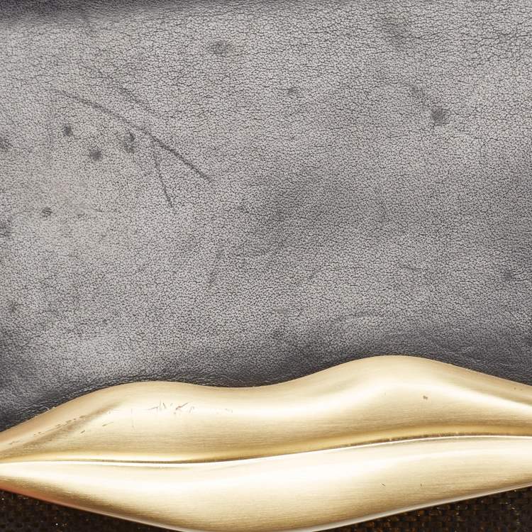 Pre Owned Diane Von Furstenberg Black/Gold Lizard Embossed and Leather Carolina Lips Clutch Bag