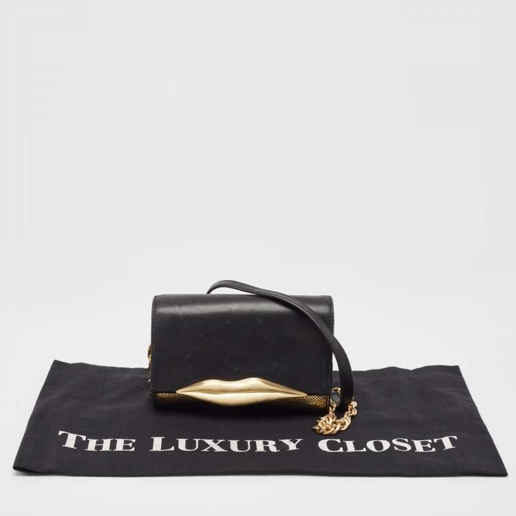 Pre Owned Diane Von Furstenberg Black/Gold Lizard Embossed and Leather Carolina Lips Clutch Bag