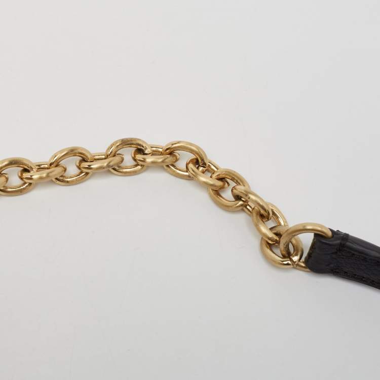 Pre Owned Diane Von Furstenberg Black/Gold Lizard Embossed and Leather Carolina Lips Clutch Bag