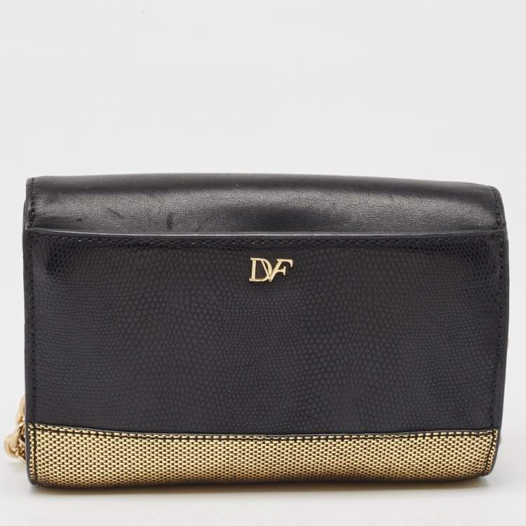 Pre Owned Diane Von Furstenberg Black/Gold Lizard Embossed and Leather Carolina Lips Clutch Bag