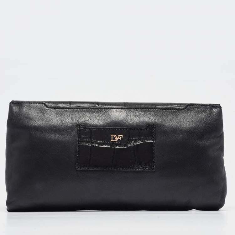 Pre Owned Diane Von Furstenberg Black Croc Embossed and Leather Flap 440 Shoulder Bag