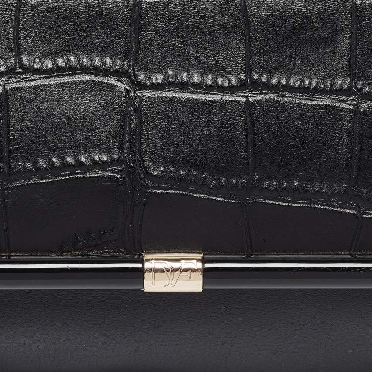 Pre Owned Diane Von Furstenberg Black Croc Embossed and Leather Flap 440 Shoulder Bag