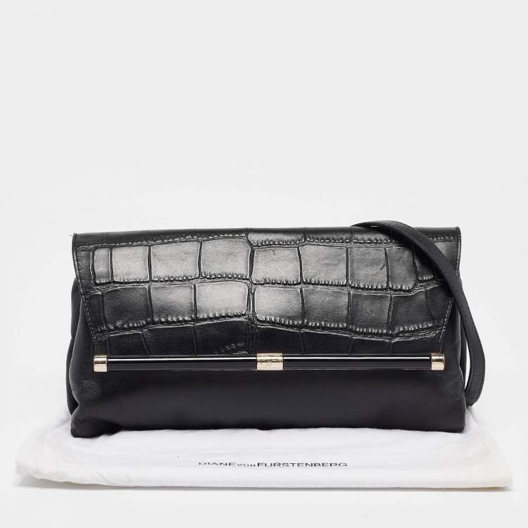 Pre Owned Diane Von Furstenberg Black Croc Embossed and Leather Flap 440 Shoulder Bag
