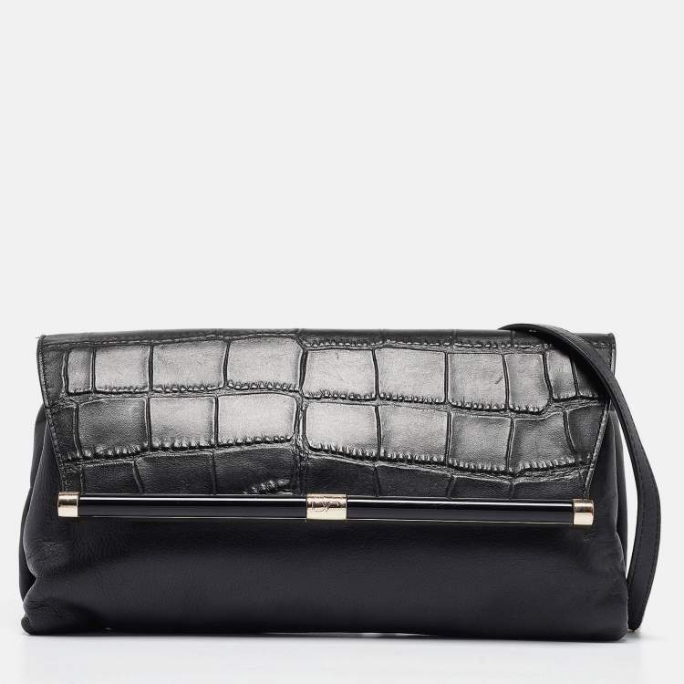 Pre Owned Diane Von Furstenberg Black Croc Embossed and Leather Flap 440 Shoulder Bag