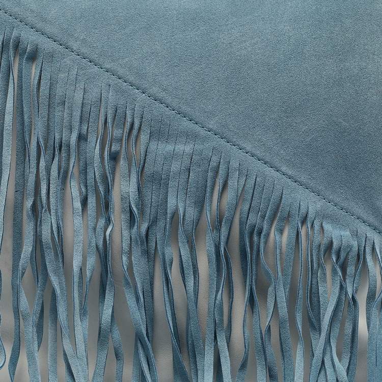 Pre Owned Diane Von Furstenberg Slate Blue/Ivory Leather and Suede Fringe Wristlet Bag
