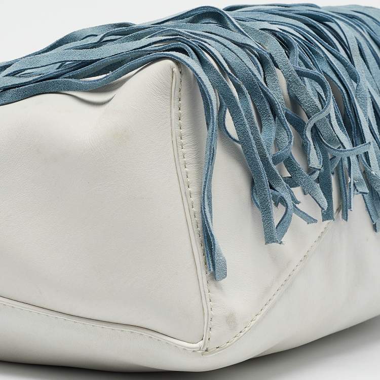 Pre Owned Diane Von Furstenberg Slate Blue/Ivory Leather and Suede Fringe Wristlet Bag