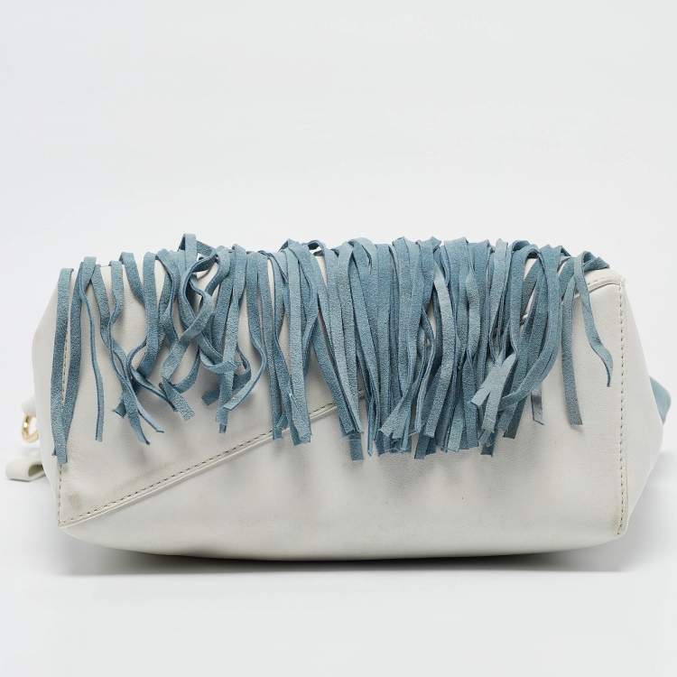 Pre Owned Diane Von Furstenberg Slate Blue/Ivory Leather and Suede Fringe Wristlet Bag