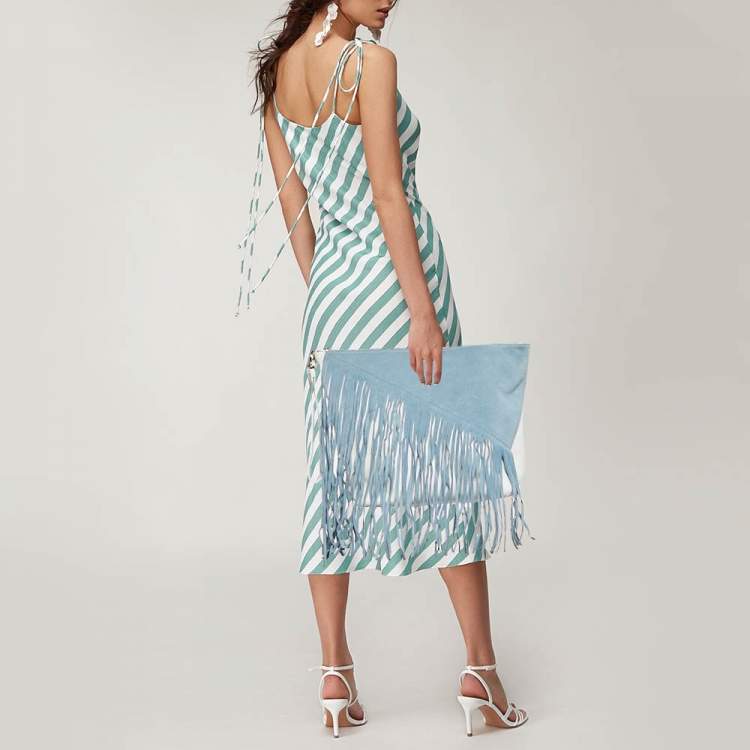 Pre Owned Diane Von Furstenberg Slate Blue/Ivory Leather and Suede Fringe Wristlet Bag