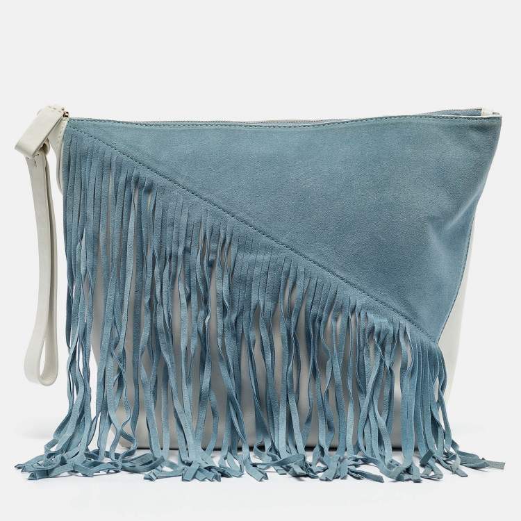 Pre Owned Diane Von Furstenberg Slate Blue/Ivory Leather and Suede Fringe Wristlet Bag