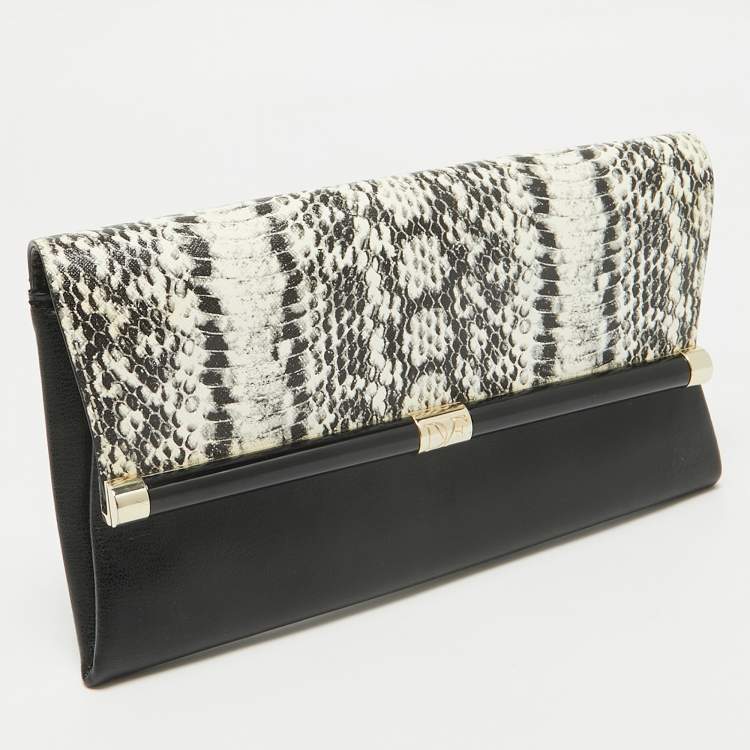 Pre Owned Diane von Furstenberg Black Python Embossed Leather 440 Envelope Clutch
