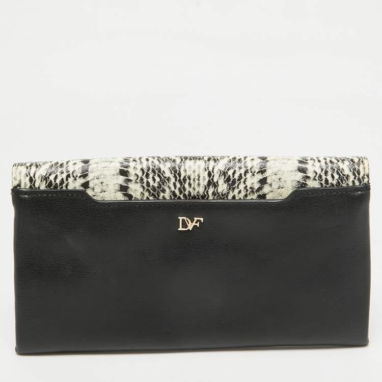 Pre Owned Diane von Furstenberg Black Python Embossed Leather 440 Envelope Clutch