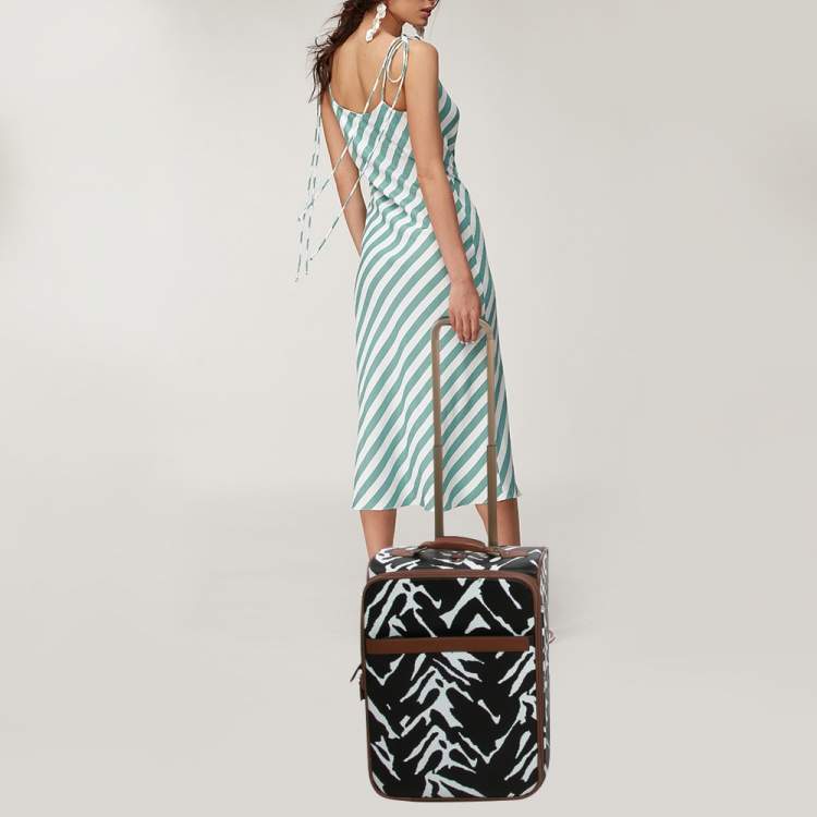 Pre Owned Diane Von Furstenberg Black/White Zebra Print Coated Canvas 2 Wheeled Luggage
