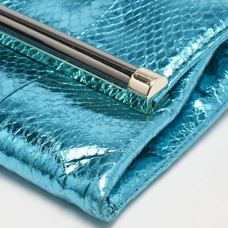 Pre Owned Diane Von Furstenberg Metallic Blue Foil Snakeskin Envelop Clutch
