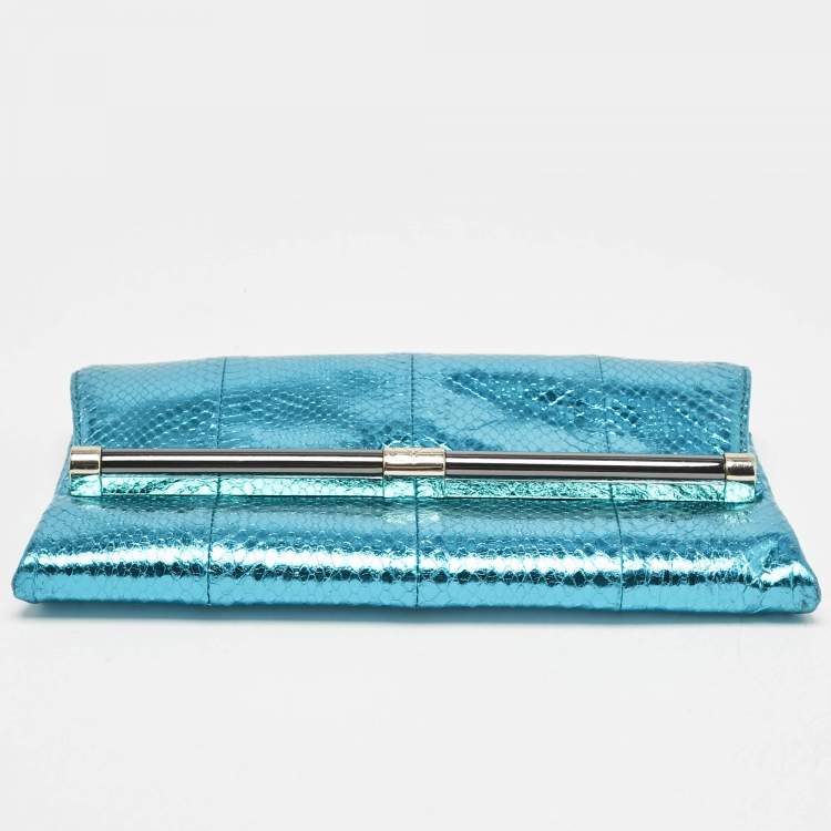 Pre Owned Diane Von Furstenberg Metallic Blue Foil Snakeskin Envelop Clutch