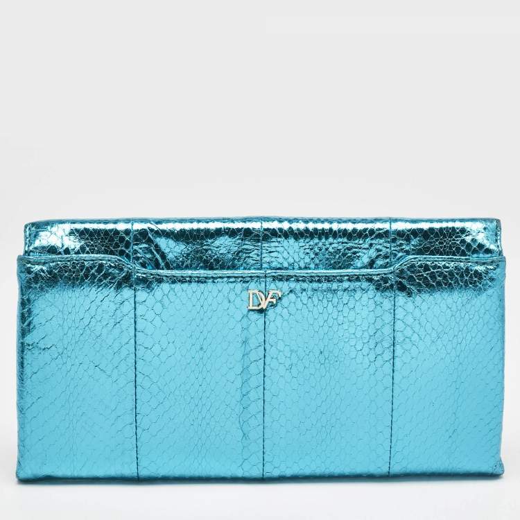 Pre Owned Diane Von Furstenberg Metallic Blue Foil Snakeskin Envelop Clutch