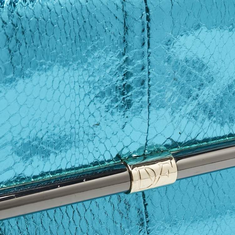 Pre Owned Diane Von Furstenberg Metallic Blue Foil Snakeskin Envelop Clutch