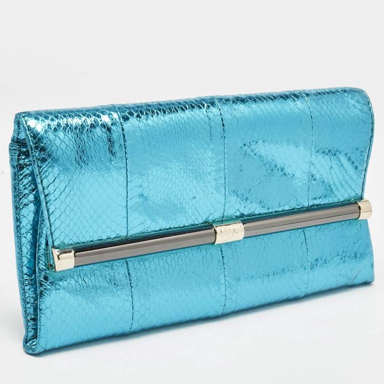 Pre Owned Diane Von Furstenberg Metallic Blue Foil Snakeskin Envelop Clutch