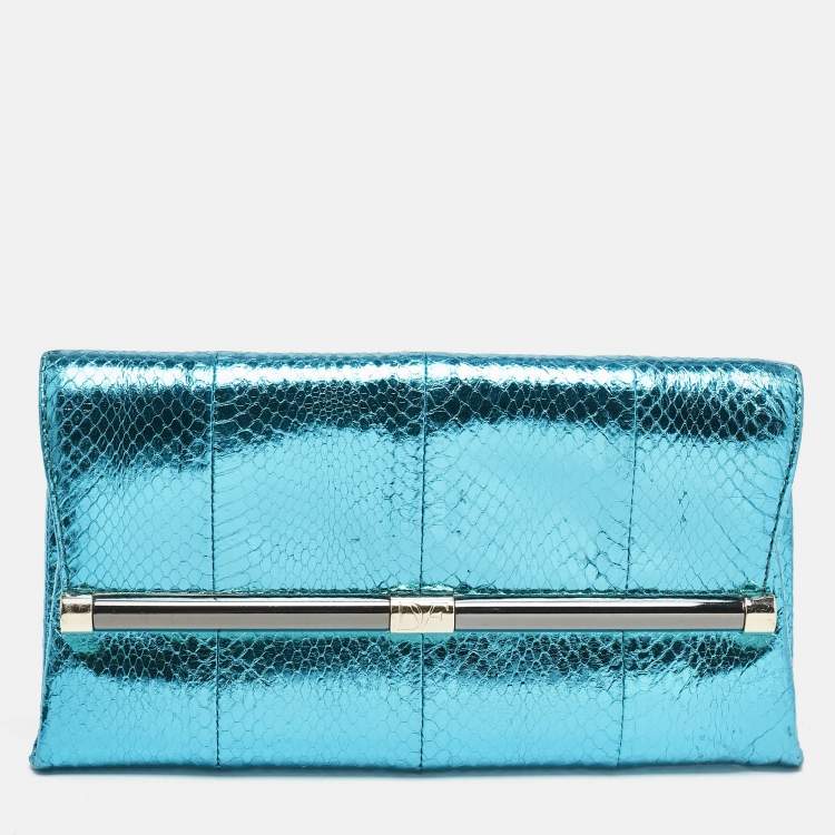 Pre Owned Diane Von Furstenberg Metallic Blue Foil Snakeskin Envelop Clutch
