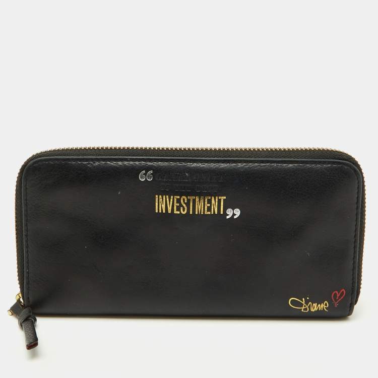 Pre Owned Diane Von Furstenberg Black Leather Zip Around Wallet