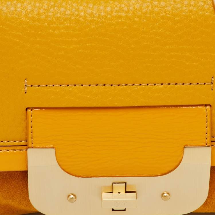 Pre Owned Diane Von Furstenberg Yellow Leather and Suede Harper Flap Shoulder Bag