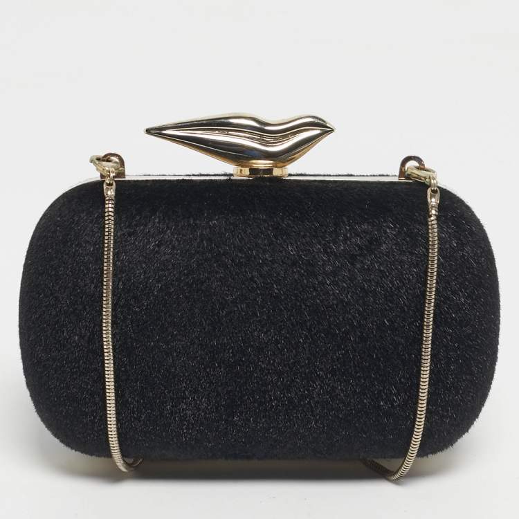 Pre Owned Diane Von Furstenberg Black Calfhair Flirty Minaudiere Chain Clutch