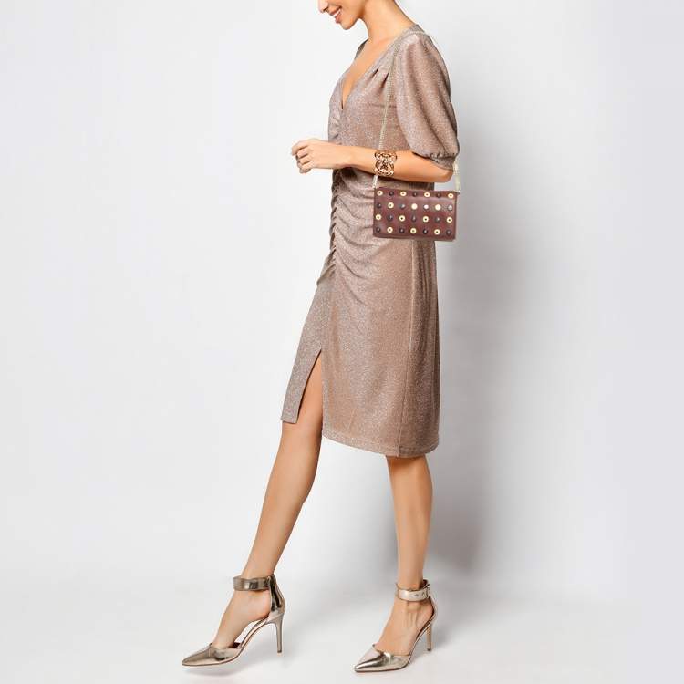 Pre Owned حقوق كلتش ديان فون فرستنبرغ سهرات مرصعة جلد بورجوندي/بيج