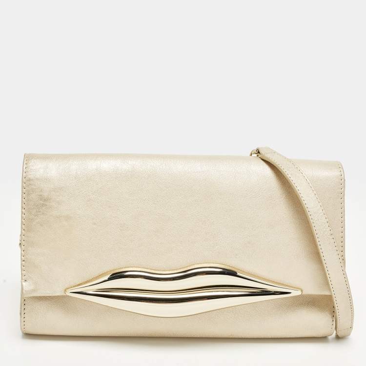 Pre Owned Diane Von Furstenberg Flirty Lips Metallic Beige Leather Shoulder Bag