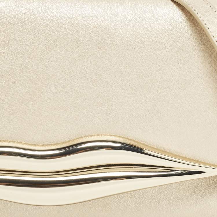 Pre Owned Diane Von Furstenberg Flirty Lips Metallic Beige Leather Shoulder Bag