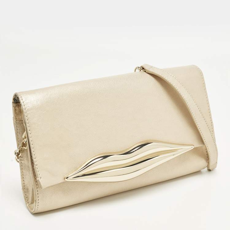 Pre Owned Diane Von Furstenberg Flirty Lips Metallic Beige Leather Shoulder Bag