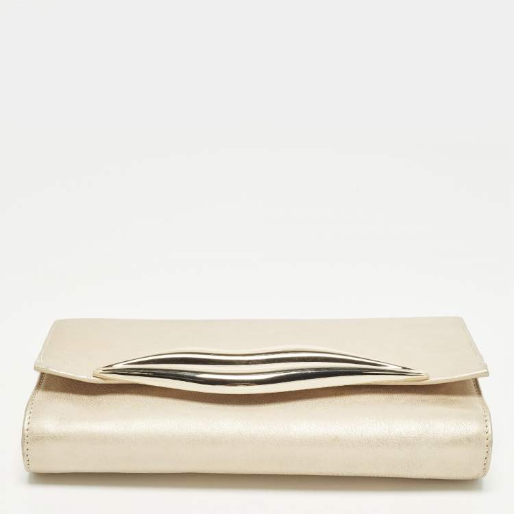 Pre Owned Diane Von Furstenberg Flirty Lips Metallic Beige Leather Shoulder Bag