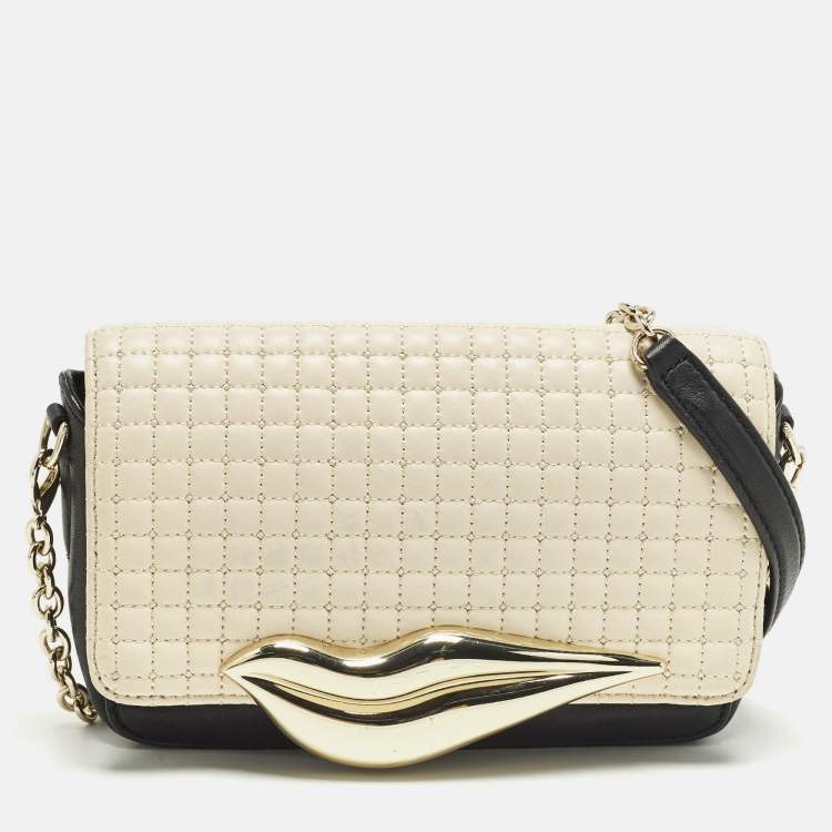 Pre Owned Diane Von Furstenberg Flirty Lips Black/Off White Quilted Leather Shoulder Bag