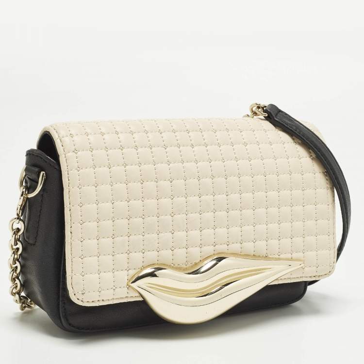 Pre Owned Diane Von Furstenberg Flirty Lips Black/Off White Quilted Leather Shoulder Bag