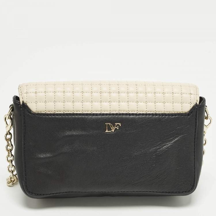 Pre Owned Diane Von Furstenberg Flirty Lips Black/Off White Quilted Leather Shoulder Bag