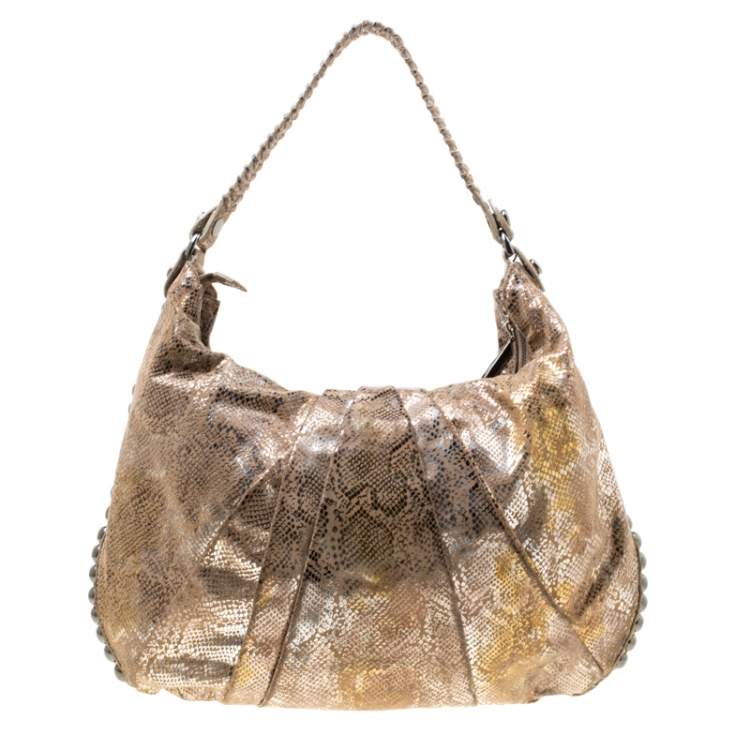 Pre Owned Diane Von Furstenberg Beige/Metallic Silver Suede Python Hobo