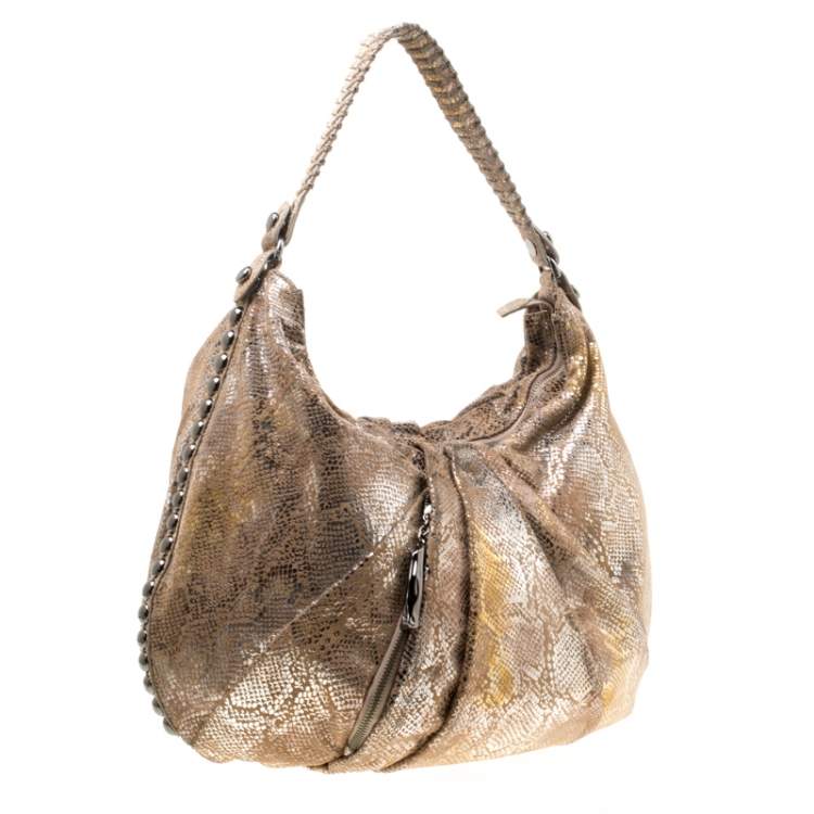 Pre Owned Diane Von Furstenberg Beige/Metallic Silver Suede Python Hobo
