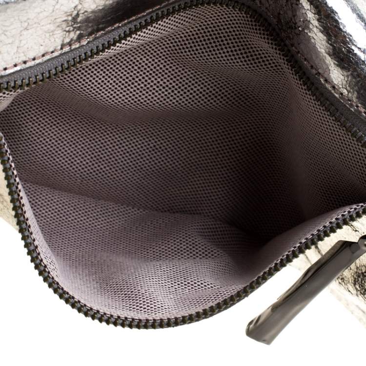 Pre Owned Diane Von Furstenberg Silver Metallic Leather Bonnie Foldover Clutch