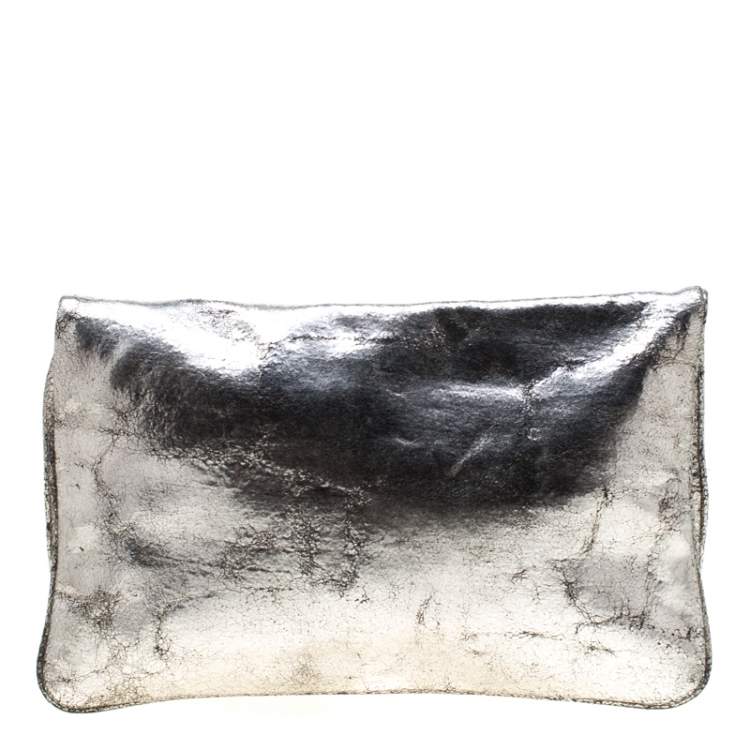 Pre Owned Diane Von Furstenberg Silver Metallic Leather Bonnie Foldover Clutch