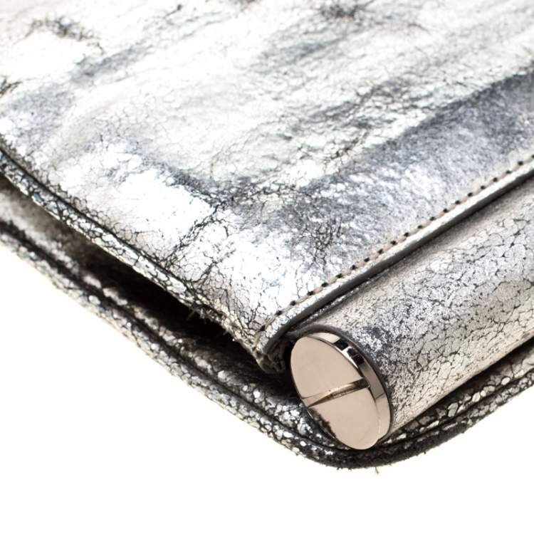 Pre Owned Diane Von Furstenberg Silver Metallic Leather Bonnie Foldover Clutch
