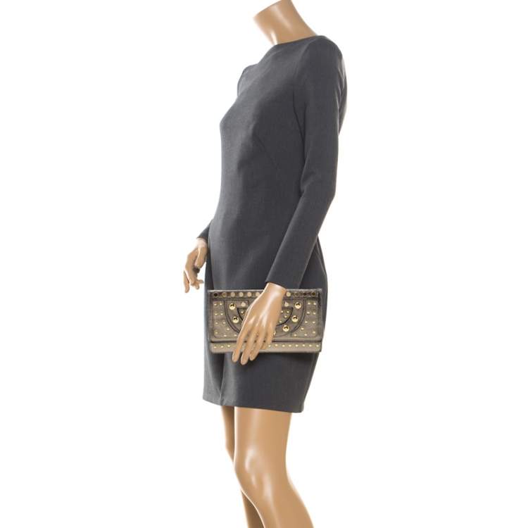 Pre Owned Diane Von Furstenberg Metallic Studded Leather Hayworth Clutch 